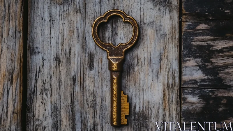 Ornate Golden Key Rests Against Weathered Wooden Surface