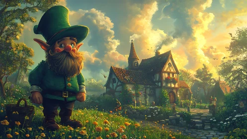 Whimsical gnome in sunlit cottage garden, rich color lighting.