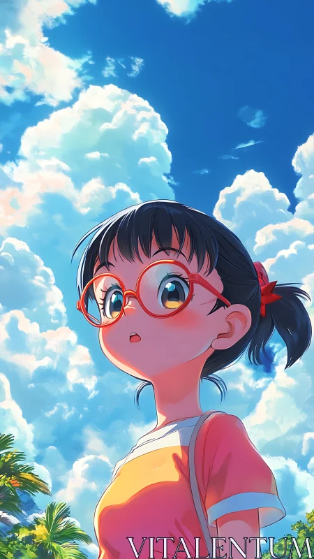 Young person in glasses under bright cumulus sky.
