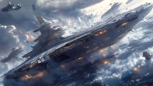 Titanic skyborne dreadnought cleaves a storm of starfire.