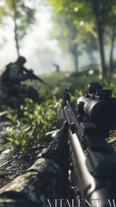 Soldier aiming rifle prone in sunlit forest clearing