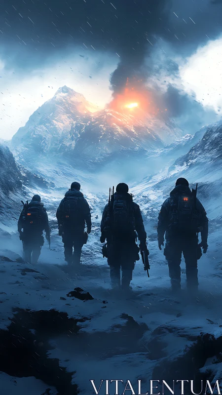 Military patrol advancing toward erupting glacial volcano.