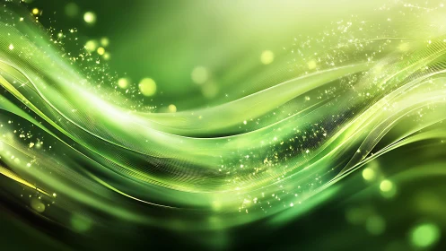 Abstract green wave background with glowing light effects.