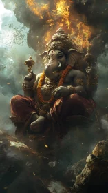 Elephant headed deity seated amid fire and storm clouds
