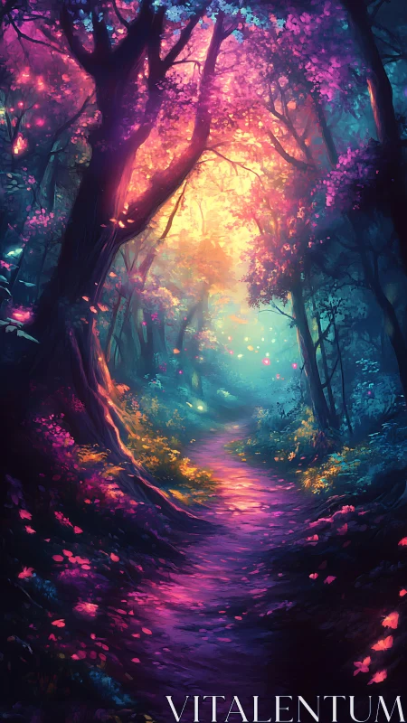 Neon forest pathway with bioluminescent trees and glowing ground