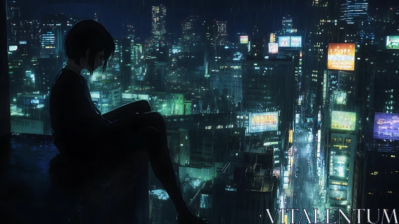 Solitary silhouette above neon-soaked rainstorm metropolis.
