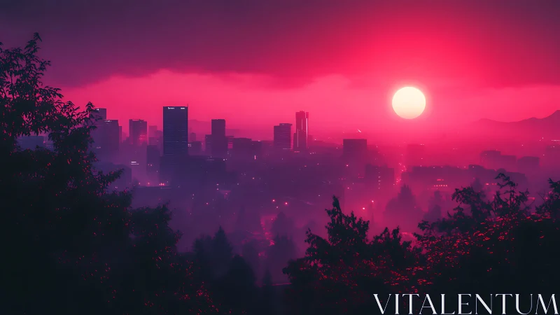 Neon pink sun floods misty city skyline at dusk.