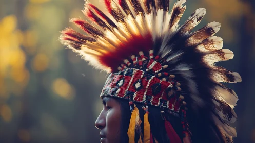 Profile portrait highlights elaborate feathered ceremonial headdress.