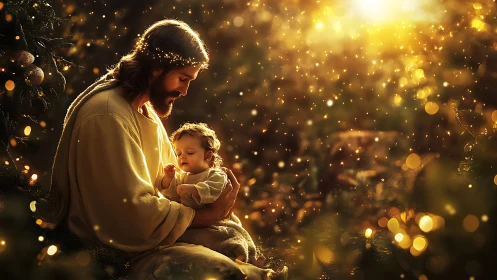 Sacred figure cradles infant amid glowing golden light.