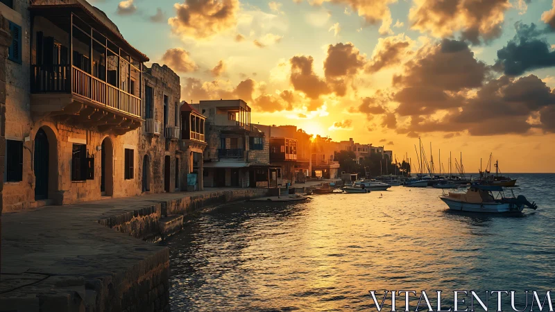 Harborfront stone houses and boats in warm sunset light.
