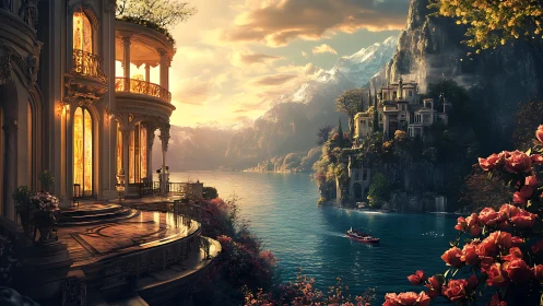 Opulent lakeside palaces glow at sunset in romantic fantasy