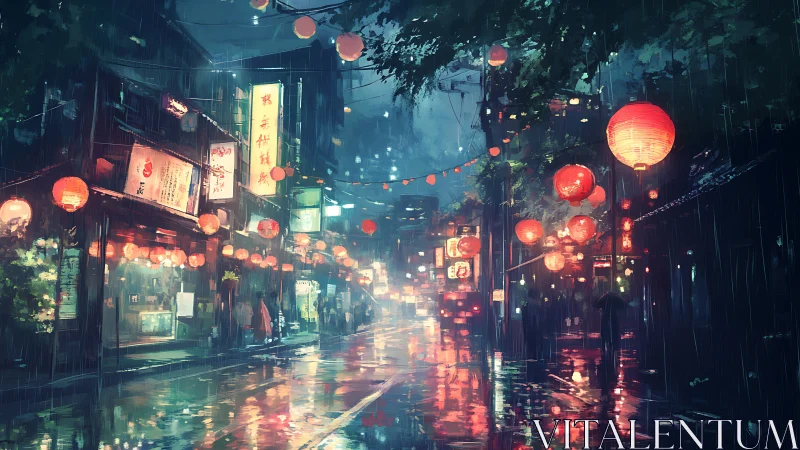 Rain-soaked lantern street glows with neon-tinted midnight dreams.