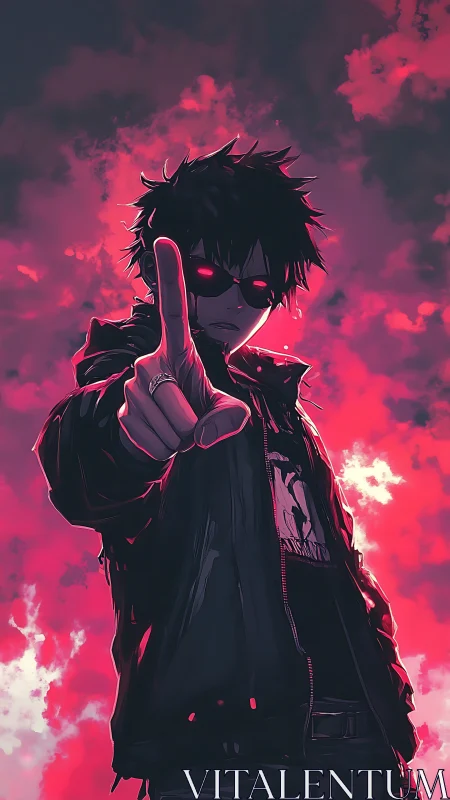 Cool anime rebel pointing ahead in a dramatic pink sky.