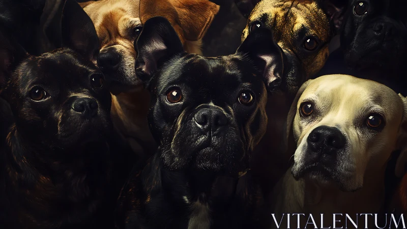 Photorealistic canine portrait cluster in low key lighting.