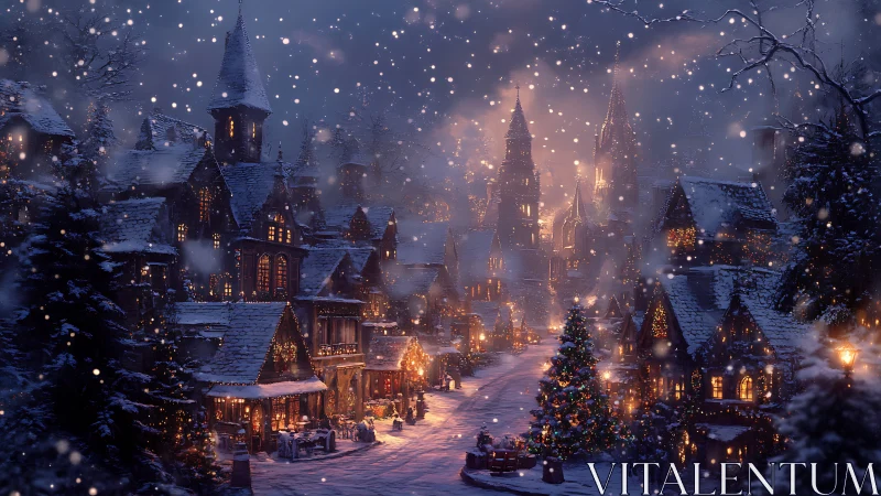 Snow covered village street shows illuminated winter night