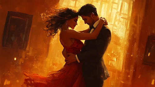 Illuminated Interior with Two Figures in Formal Attire.