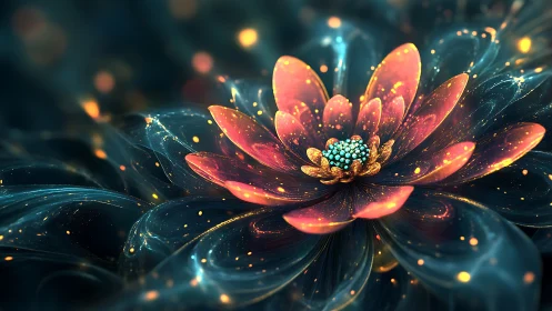 Macro luminous fractal flower with bokeh particle field