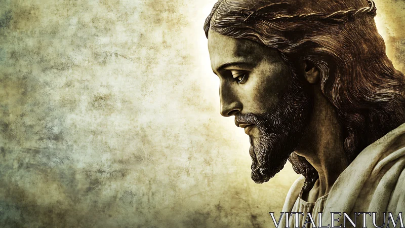 Profile view shows robed male figure against textured ground