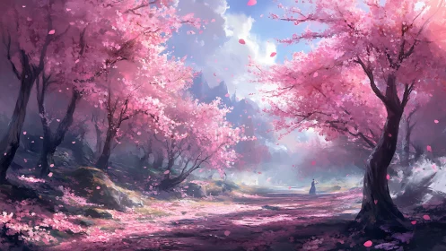 Sunlit cherry blossom path with solitary distant figure.