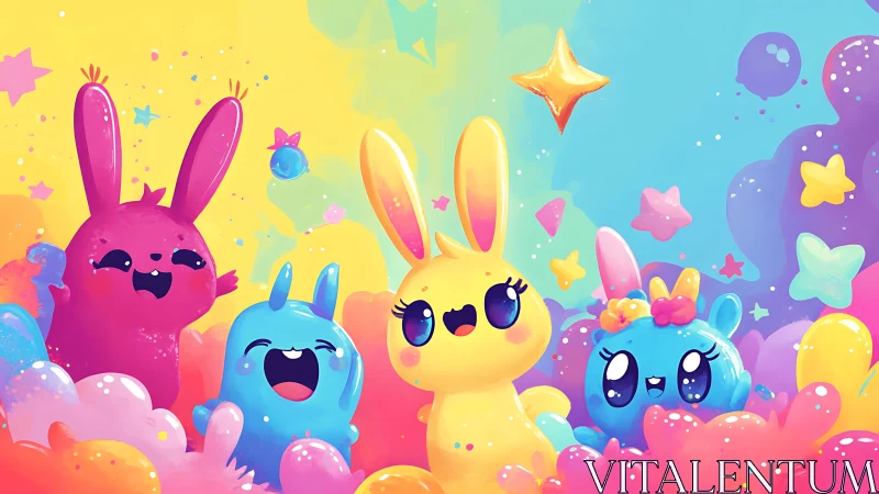 Candy-colored bunny friends splash through pastel stardust.