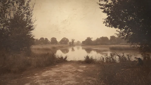 Serene Riverside Landscape in Vintage Sepia Tone Photography.