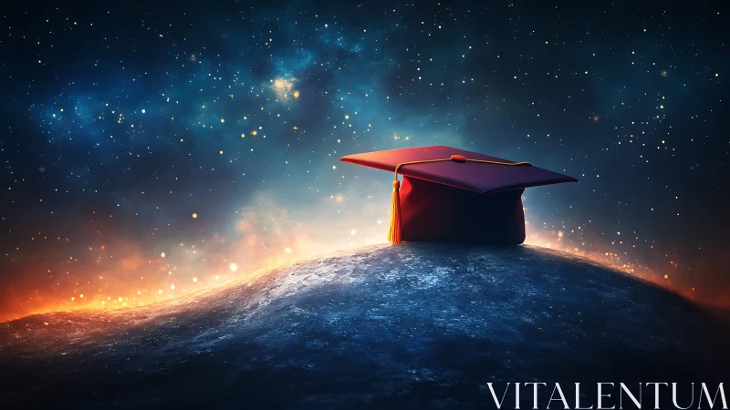 Graduation cap on illuminated planet horizon under starfield