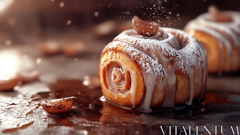 Glazed pastry spiral with powdered sugar dusting and gourmet presentation.