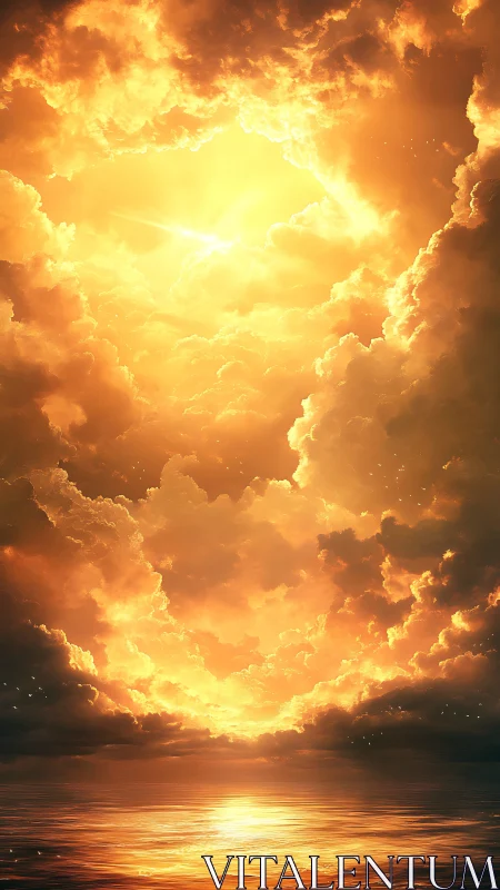 Radiant golden clouds ignite a serene, reflective ocean