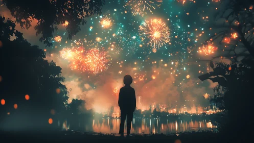 Silhouetted child gazes at dazzling city fireworks sky