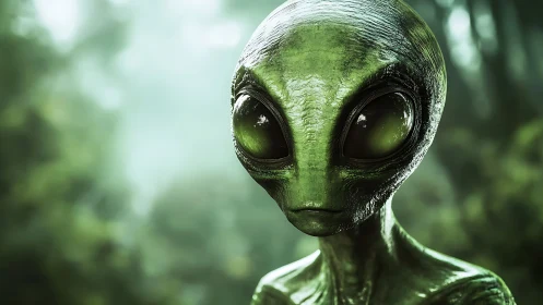 Forest-slick alien quietly studies Earth with reflective eyes