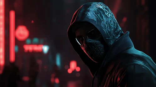Masked cyberpunk figure stalks a neon city alley at night.