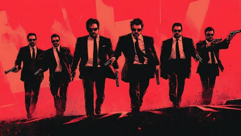 Suit-clad gunmen stride through crimson graphic battlefield.