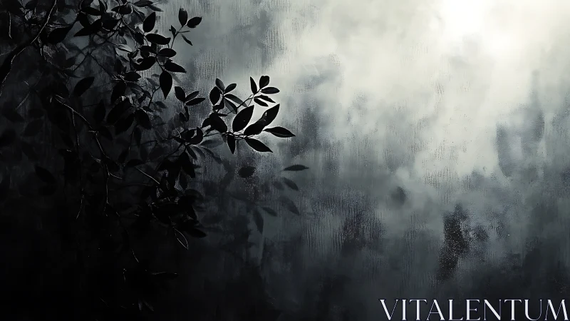 Silhouetted leaves press against misted glass under pale light