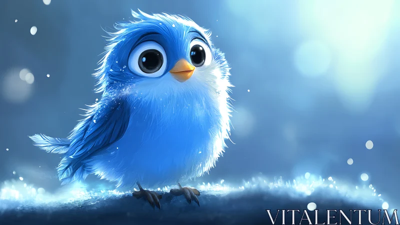 Cute Blue Cartoon Bird in Snowy Fantasy Style Illustration.