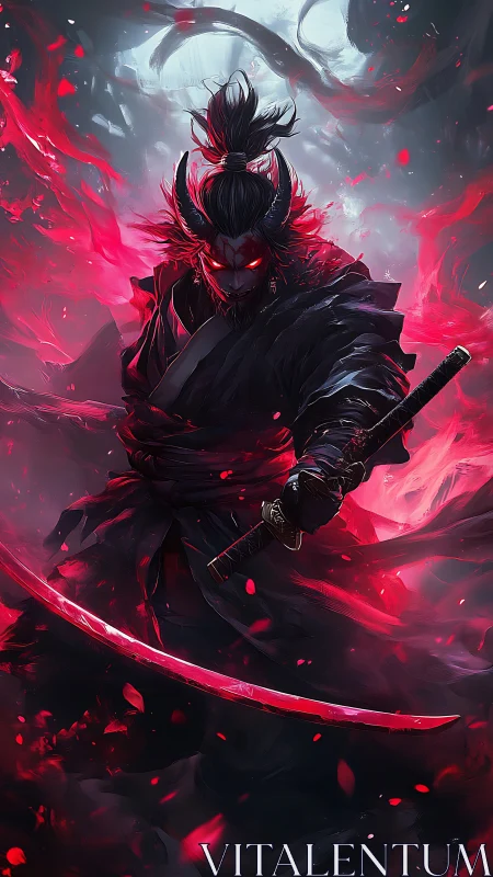 Horned samurai figure with glowing red katana and embers.
