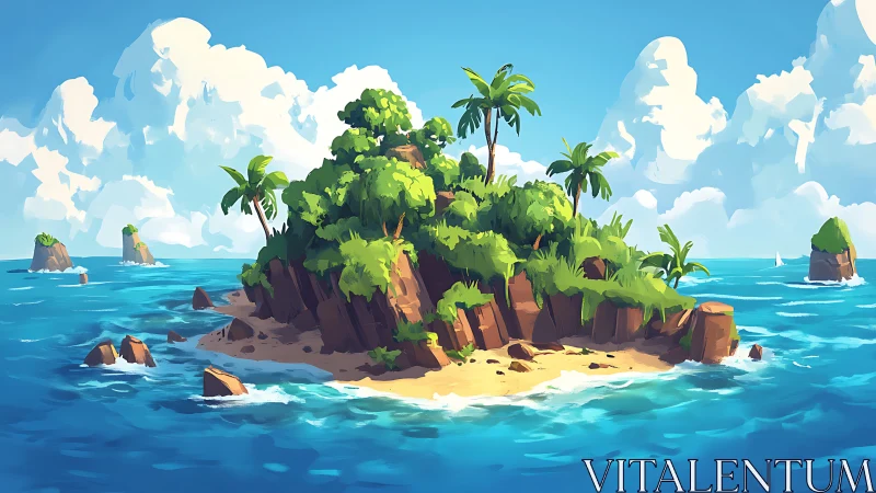 Tropical Island Archipelago Digital Illustration with Atmospheric Perspective.
