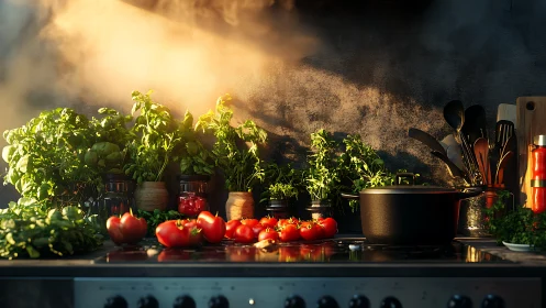 Sunlit kitchen herbs glow around ripe tomatoes and simmering pot