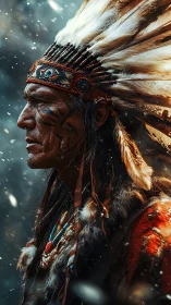 Profile portrait of man in feathered headdress in snow.