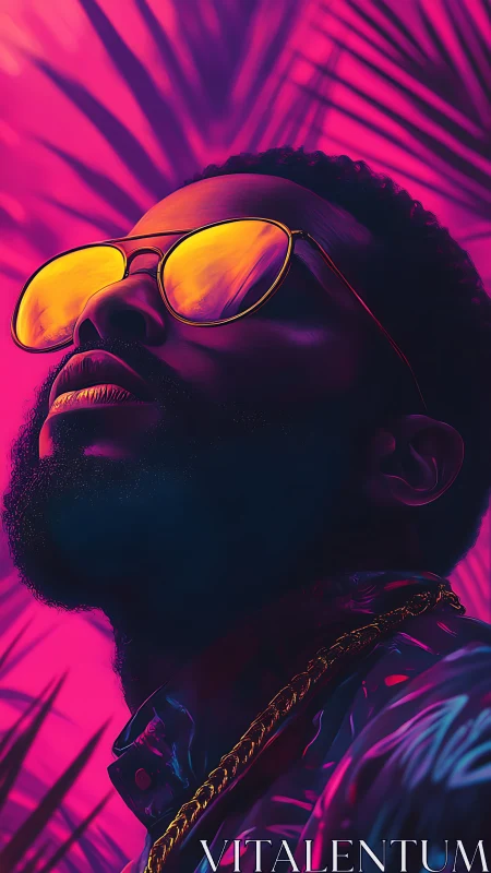 Male subject in reflective sunglasses under neon foliage.