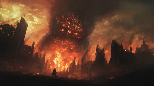 Lone wanderer confronts towering inferno god of ruins.