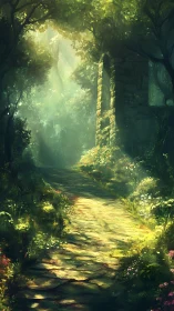 Luminous Forest Path Bathed in Golden Sunlight Through Canopy