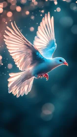 White dove in mid-flight against soft bokeh background.