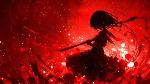 Silhouetted swordswoman amid crimson particle storm.