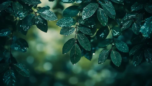 Green foliage with raindrops in shallow depth of field.