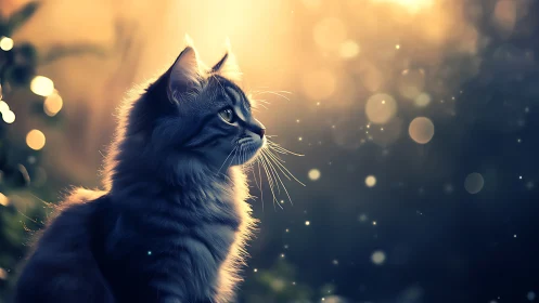 Fluffy Cat Portrait with Golden Hour Glow and Bokeh Lights.