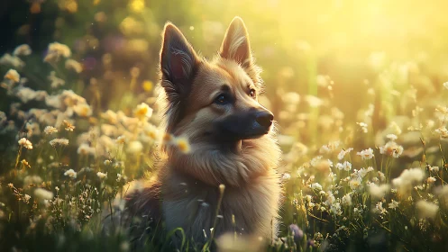 Sunlit meadow daydreams with a soft-furred canine sentinel.