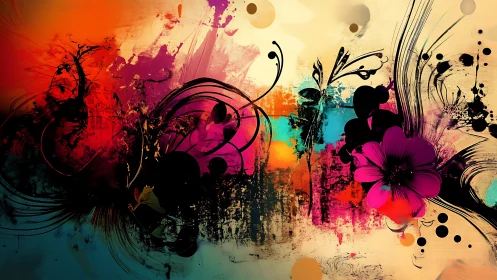 Abstract floral vector with multicolor paint textures overlay.