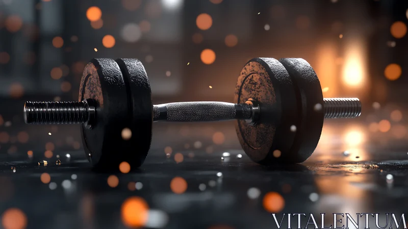 Single metal dumbbell on reflective gym floor at rest.