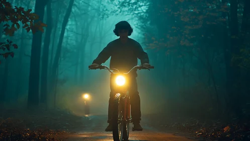 Riding Through the Misty Forest at Dusk.
