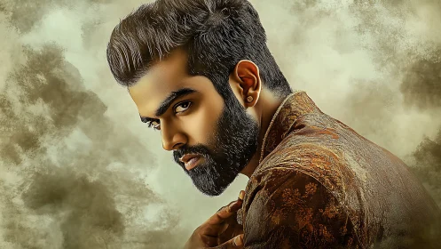 Highly detailed digital portrait isolates a brooding male profile